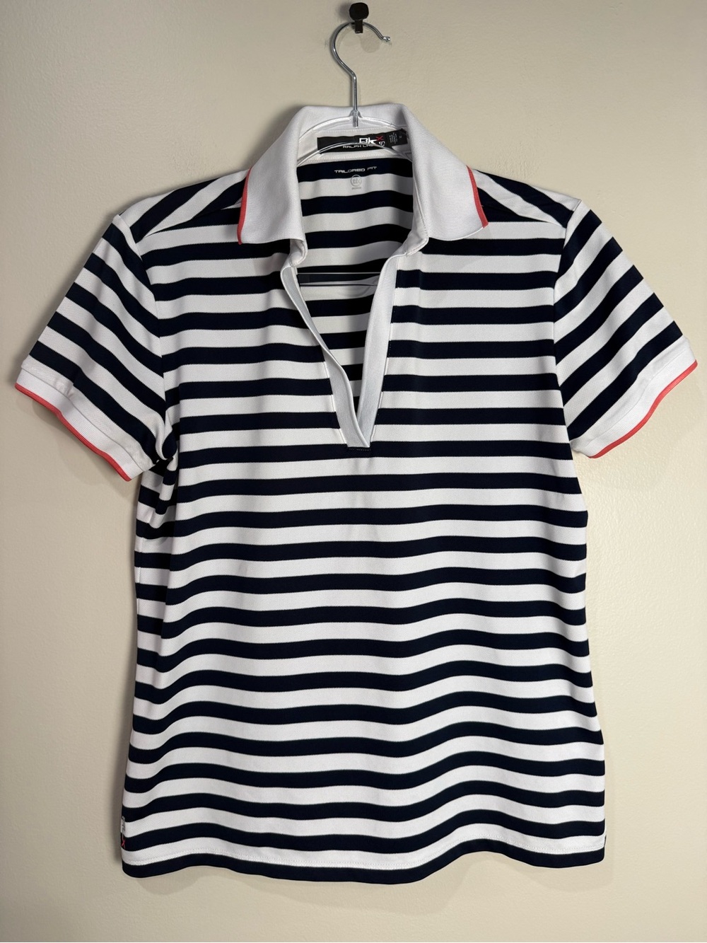 RLX Ralph Lauren Striped Skipper Polo Shirt V-Neck Golf Tennis Navy White
